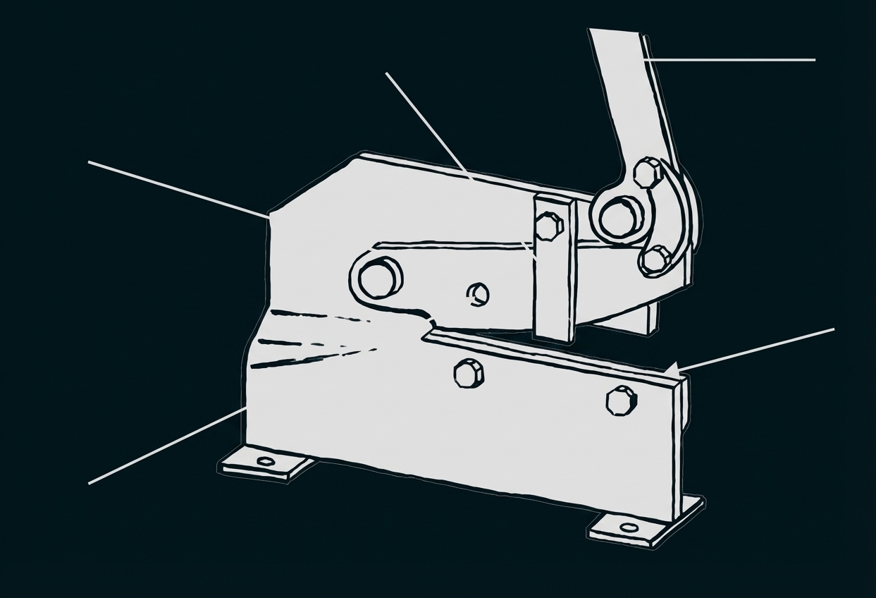 Skizze eines Hebelmechanismus auf Sockel mit Bolzen und Pfeilen.